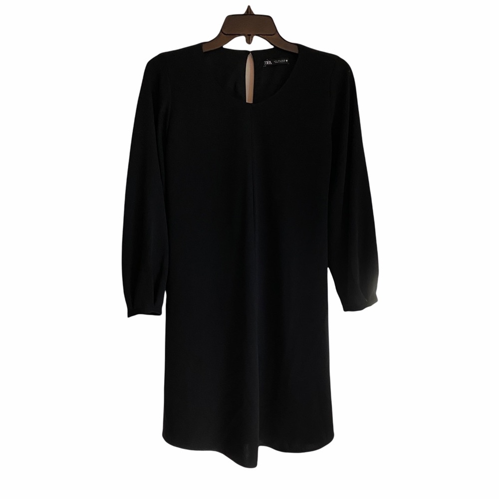 Zara Long Sleeve Scoop Neck Keyhole Back Black Midi Dress Size Large